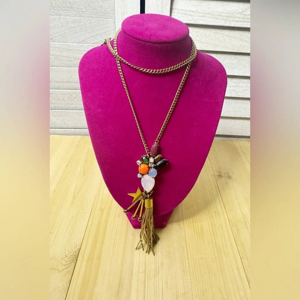 J.Crew Multicolor Gemstone Tassel Necklace Gold Tone Statement Boho Chic OS